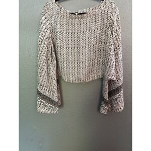 Free People Bell‎ Sleeve Top M Black White Boho Lightweight Geometric Crop